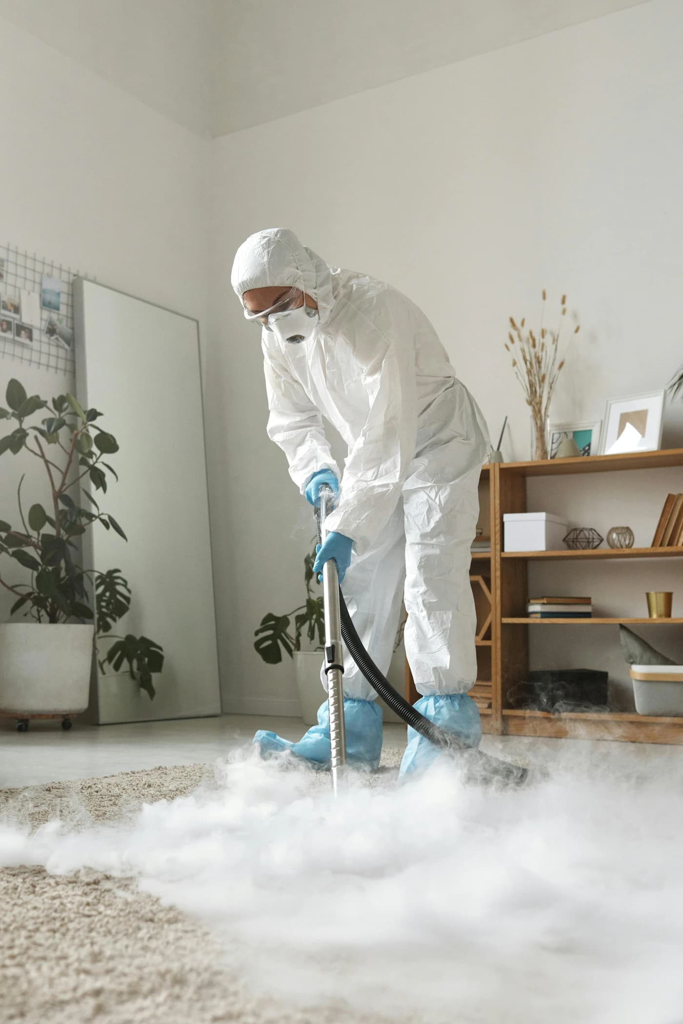 Technician in protective coveralls extracting a carpet