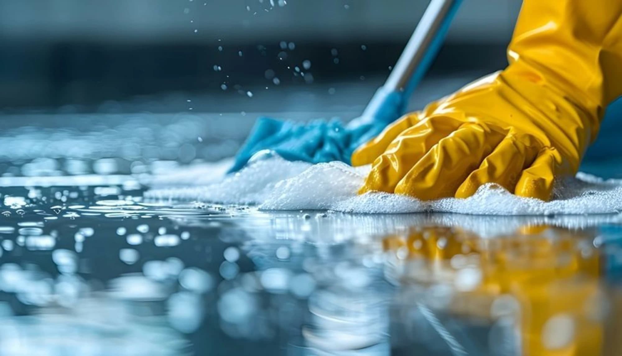 Gloved hand scrubbing a wet floor