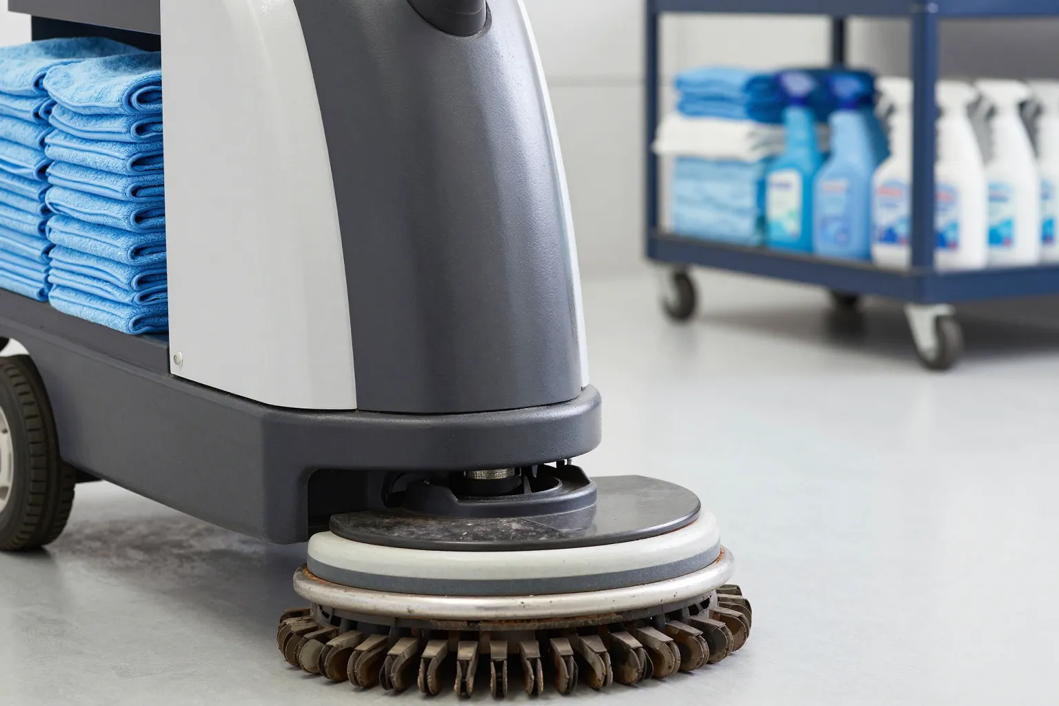 Commercial floor scrubber beside a supply cart